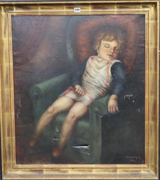 H. Schuyten, oil on canvas, Child sleeping in an armchair, signed and dated 1952, 79 x 69cm